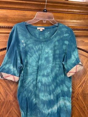 Burberry Teal Tie-Dye Short Sleeve Tee with Check Cuff XL